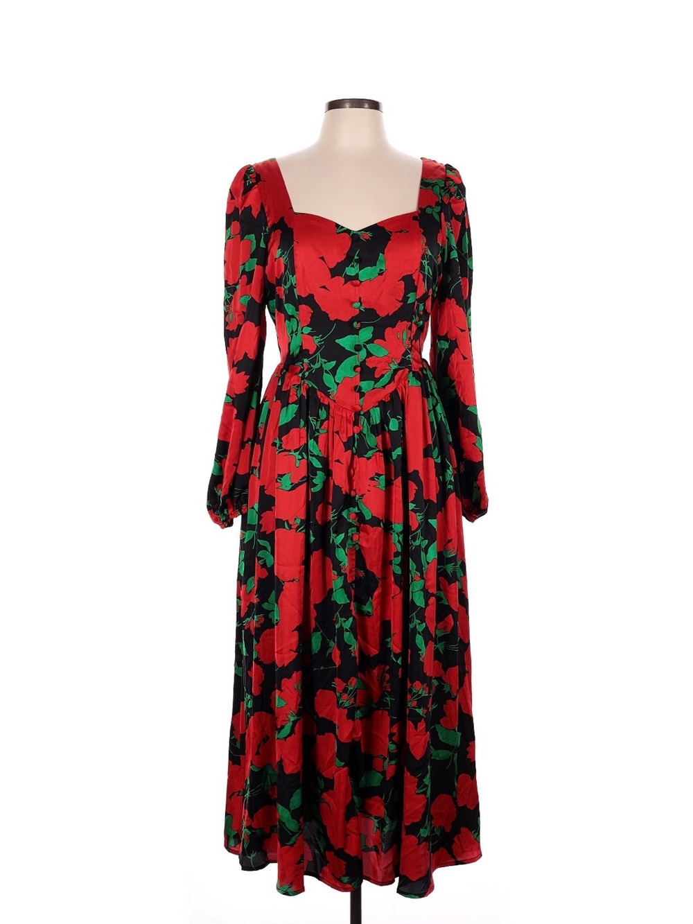 Ivy City Co Red & Green Floral Sweetheart Midi Dress